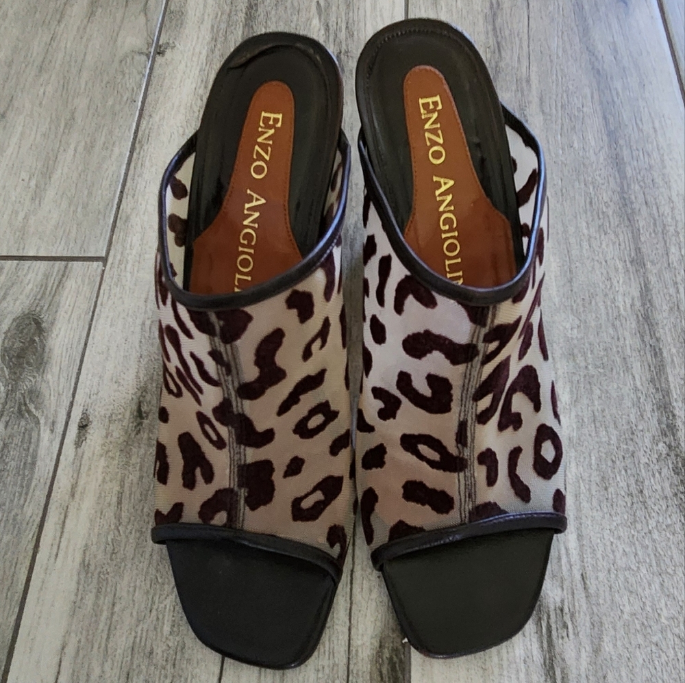 Enzo Angiolini Leopard-Print Open-Toe Mules in Brown and Black